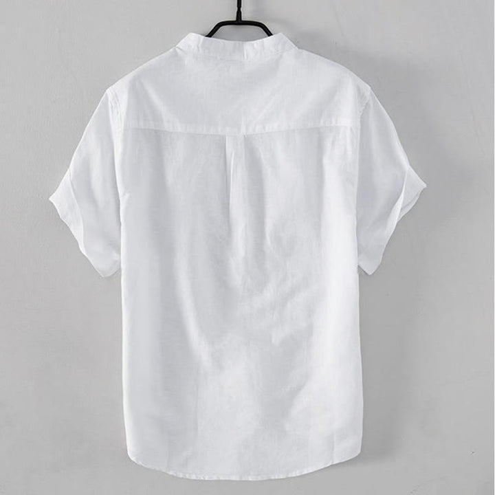 Camisa de hombre de lino y algodón con cuello alto y medio botón, con bordado suave de Buddha Stones y patrón de grulla - image 2