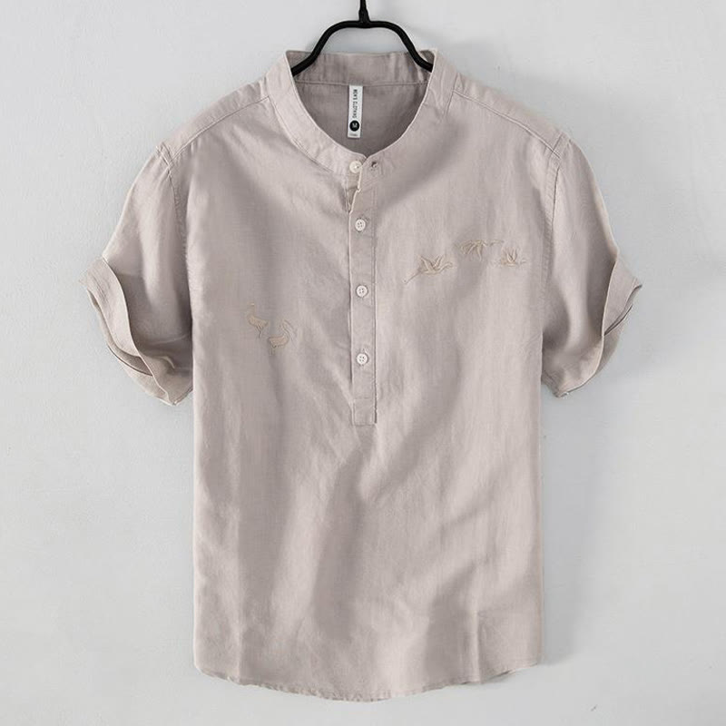 Camisa de hombre de lino y algodón con cuello alto y medio botón, con bordado suave de Buddha Stones y patrón de grulla - RosyBrown - US/UK/AU42, EU52 (3XL) - image 0