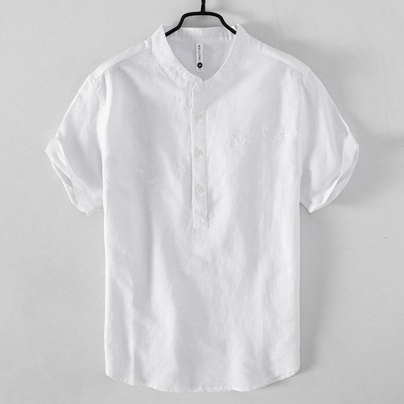 Camisa de hombre de lino y algodón con cuello alto y medio botón, con bordado suave de Buddha Stones y patrón de grulla - Blanco - US/UK/AU42, EU52 (3XL) - image 1
