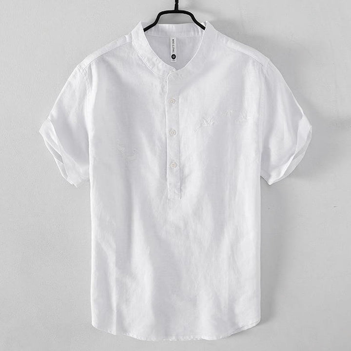 Camisa de hombre de lino y algodón con cuello alto y medio botón, con bordado suave de Buddha Stones y patrón de grulla - Blanco - US/UK/AU42, EU52 (3XL) - image 1