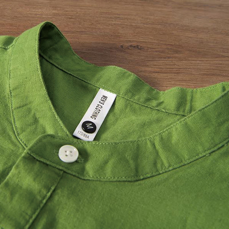 Camisa de hombre de lino y algodón con cuello alto y medio botón, con bordado suave de Buddha Stones y patrón de grulla - image 10