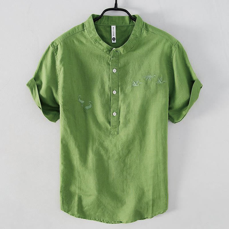 Camisa de hombre de lino y algodón con cuello alto y medio botón, con bordado suave de Buddha Stones y patrón de grulla - Verde lima - US/UK/AU42, EU52 (3XL) - image 9