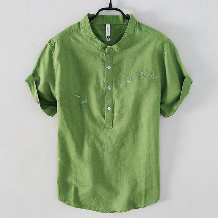 Camisa de hombre de lino y algodón con cuello alto y medio botón, con bordado suave de Buddha Stones y patrón de grulla - Verde lima - US/UK/AU42, EU52 (3XL) - image 9