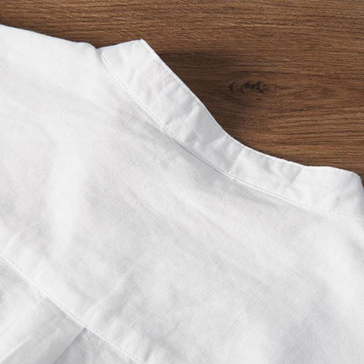 Camisa de hombre de lino y algodón con cuello alto y medio botón, con bordado suave de Buddha Stones y patrón de grulla - image 4