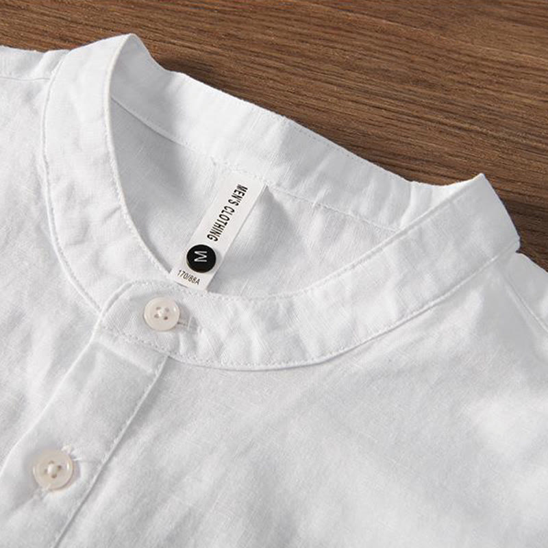 Camisa de hombre de lino y algodón con cuello alto y medio botón, con bordado suave de Buddha Stones y patrón de grulla - image 3