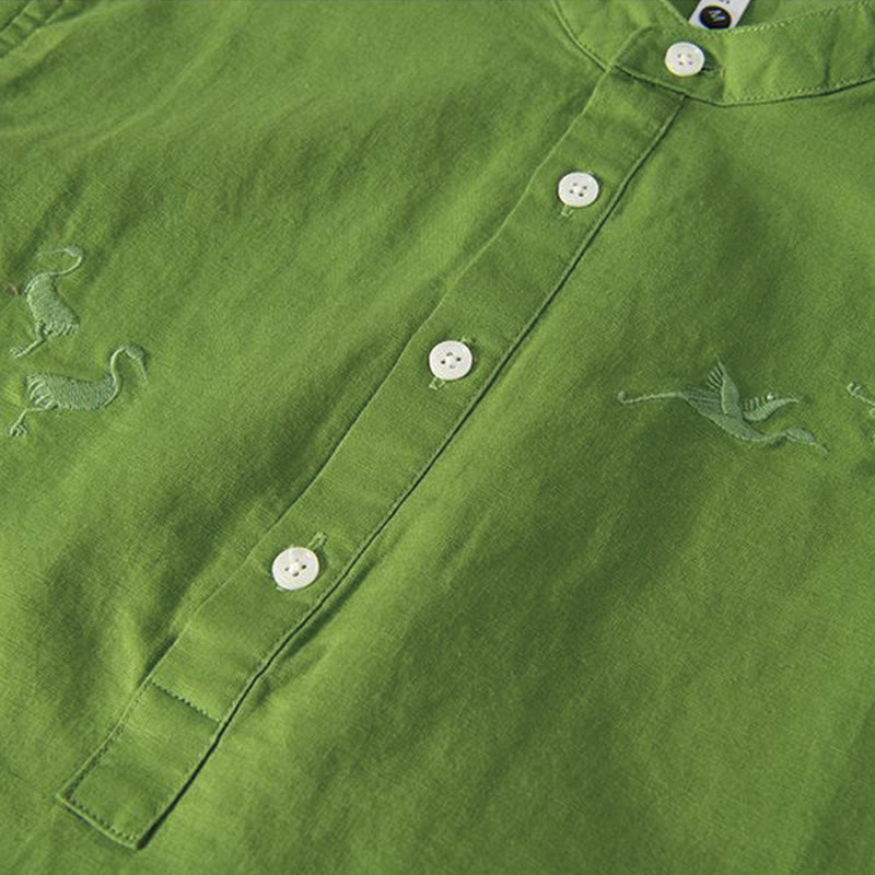 Camisa de hombre de lino y algodón con cuello alto y medio botón, con bordado suave de Buddha Stones y patrón de grulla - image 12