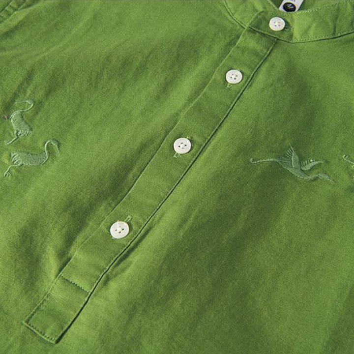 Camisa de hombre de lino y algodón con cuello alto y medio botón, con bordado suave de Buddha Stones y patrón de grulla - image 12