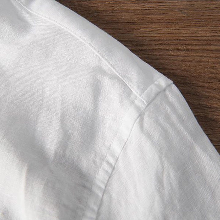 Camisa de hombre de lino y algodón con cuello alto y medio botón, con bordado suave de Buddha Stones y patrón de grulla - image 6