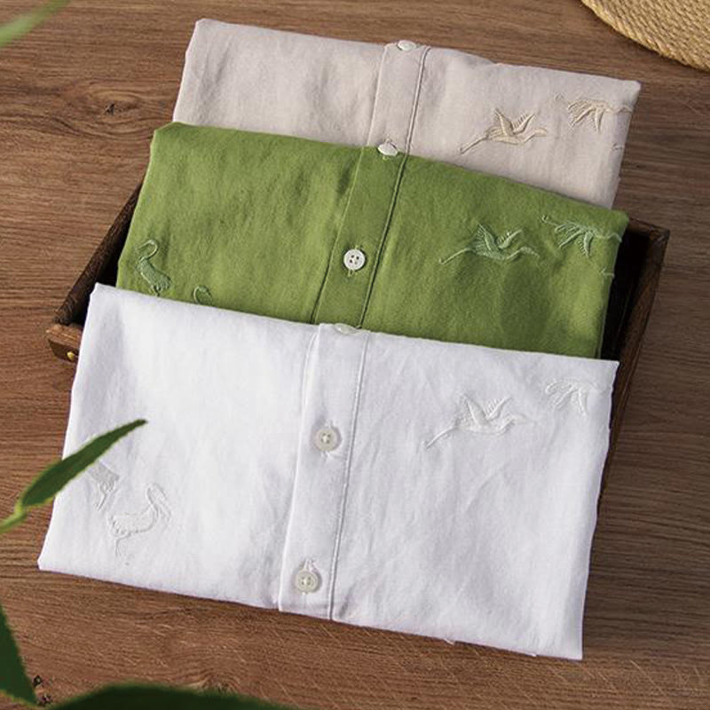 Camisa de hombre de lino y algodón con cuello alto y medio botón, con bordado suave de Buddha Stones y patrón de grulla - image 18