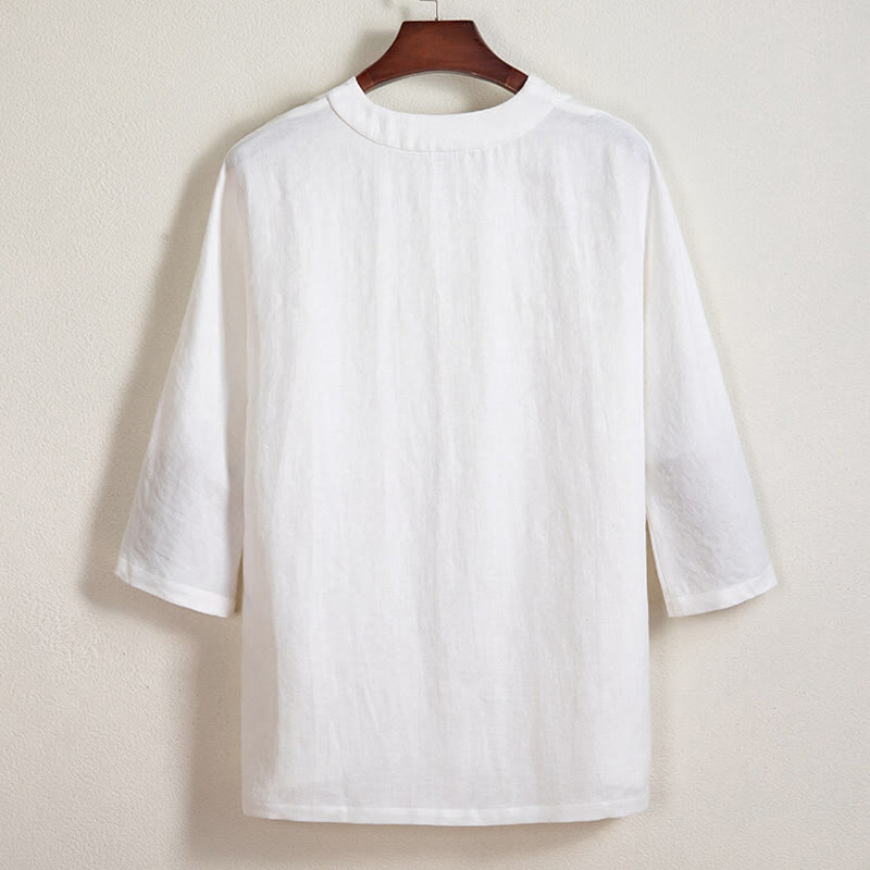Camisa de lino con mangas tres cuartos y botones de rana blanca para hombre con Buddha Stones - image 1
