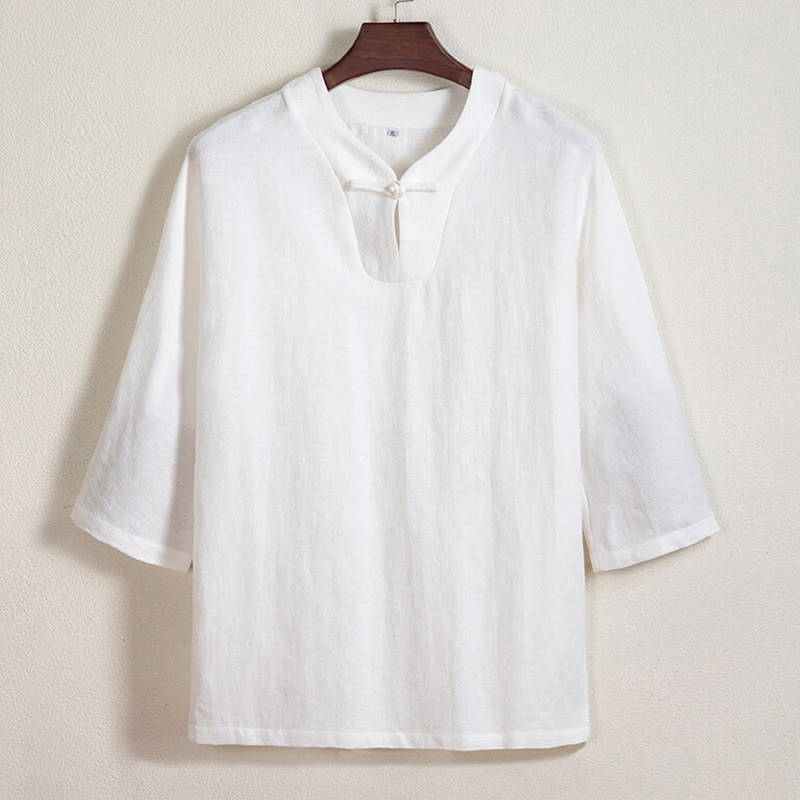 Camisa de lino con mangas tres cuartos y botones de rana blanca para hombre con Buddha Stones - Blanco - US/UK/AU44, EU54 (4XL) - image 0