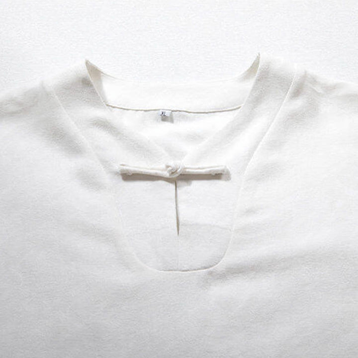 Camisa de lino con mangas tres cuartos y botones de rana blanca para hombre con Buddha Stones - image 2