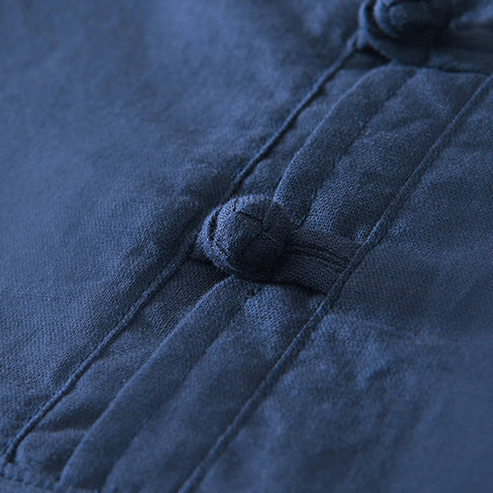 Camisa de hombre de algodón y lino con cuello redondo, suave, lisa y con botones de rana , de Buddha Stones - image 8