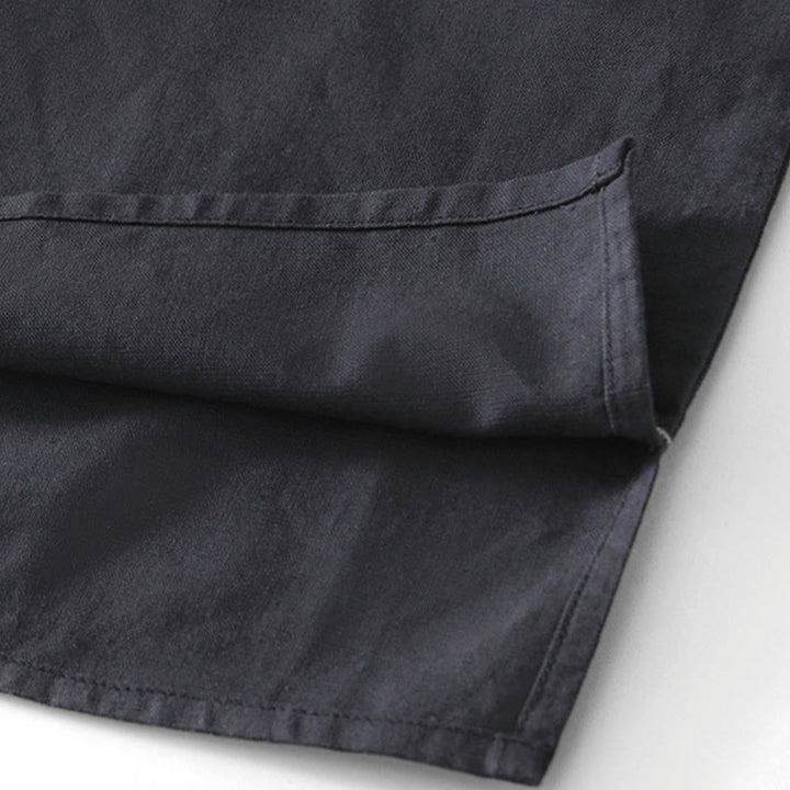 Camisa de hombre de algodón y lino con cuello redondo, suave, lisa y con botones de rana , de Buddha Stones - image 14