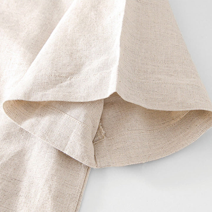 Camisa de hombre de algodón y lino con cuello redondo, suave, lisa y con botones de rana , de Buddha Stones - image 3