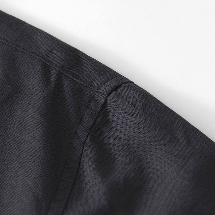 Camisa de hombre de algodón y lino con cuello redondo, suave, lisa y con botones de rana , de Buddha Stones - image 13