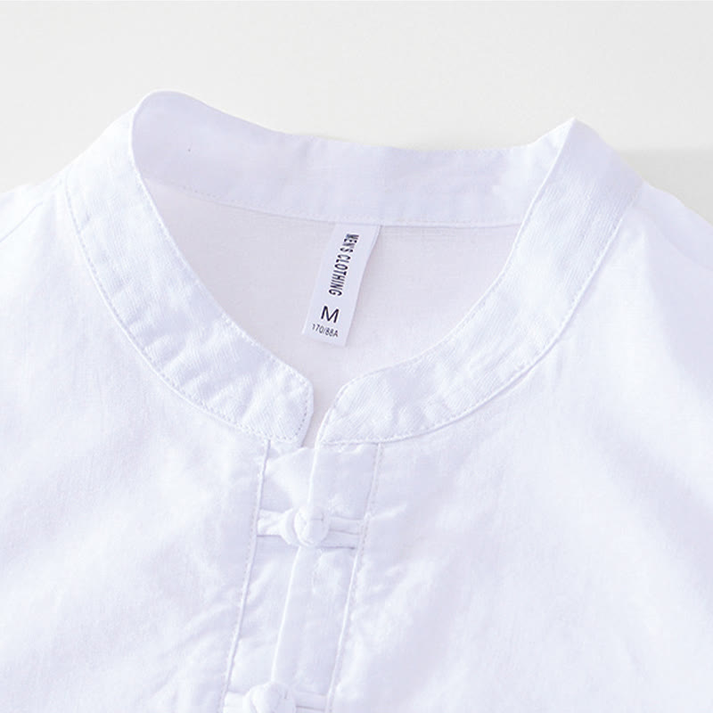 Camisa de hombre de algodón y lino con cuello redondo, suave, lisa y con botones de rana , de Buddha Stones - image 16