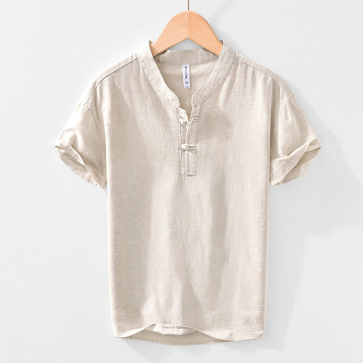 Camisa de hombre de algodón y lino con cuello redondo, suave, lisa y con botones de rana , de Buddha Stones - Beige - US/UK/AU42, EU52 (3XL) - image 0