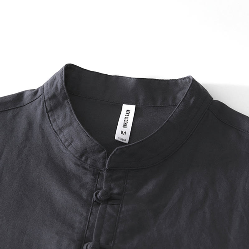 Camisa de hombre de algodón y lino con cuello redondo, suave, lisa y con botones de rana , de Buddha Stones - image 11