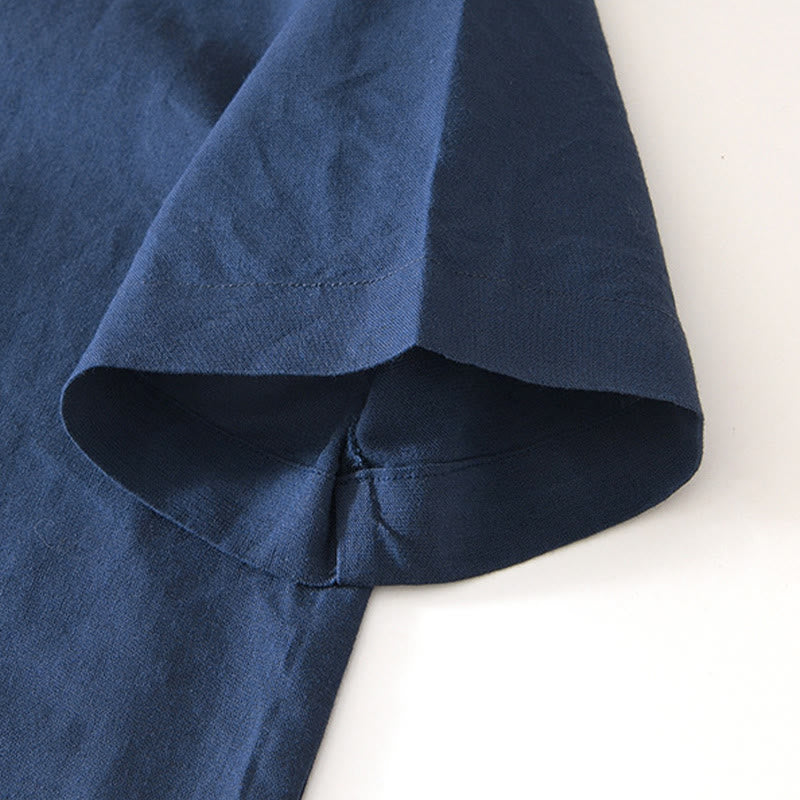 Camisa de hombre de algodón y lino con cuello redondo, suave, lisa y con botones de rana , de Buddha Stones - image 9