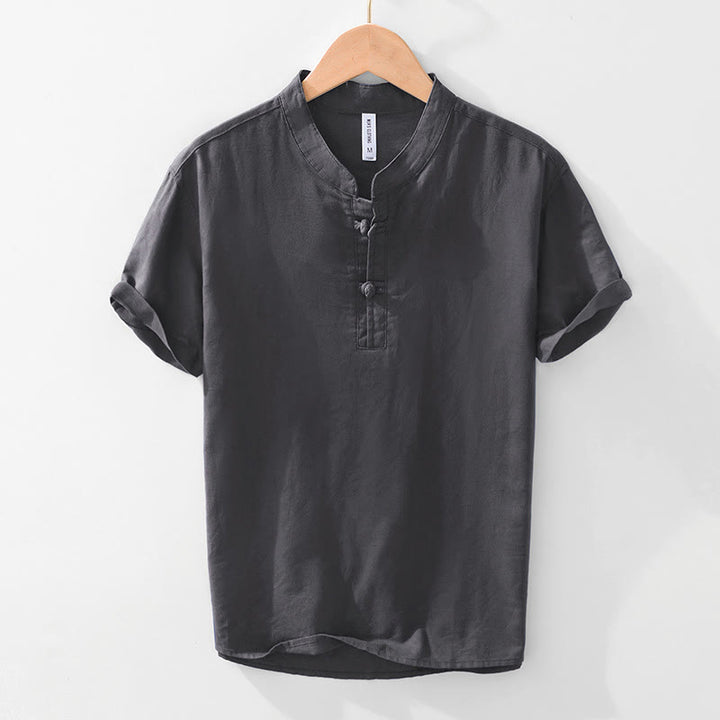 Camisa de hombre de algodón y lino con cuello redondo, suave, lisa y con botones de rana , de Buddha Stones - Gris oscuro - US/UK/AU42, EU52 (3XL) - image 10