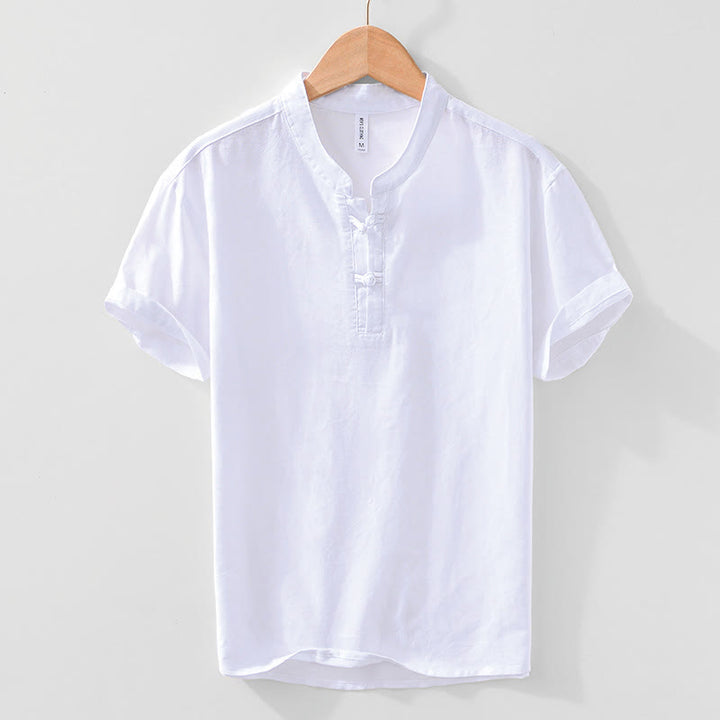 Camisa de hombre de algodón y lino con cuello redondo, suave, lisa y con botones de rana , de Buddha Stones - Blanco - US/UK/AU42, EU52 (3XL) - image 15