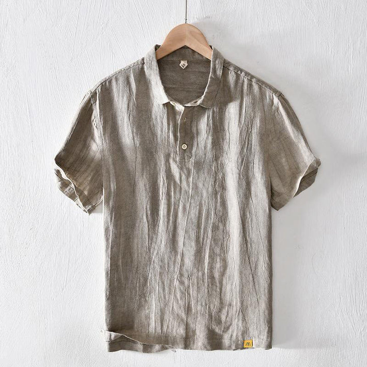 Camisa de lino con solapa de manga corta y medio botón para hombre con diseño simple de Buddha Stones - Caqui oscuro - US/UK/AU42, EU52 (3XL) - image 0