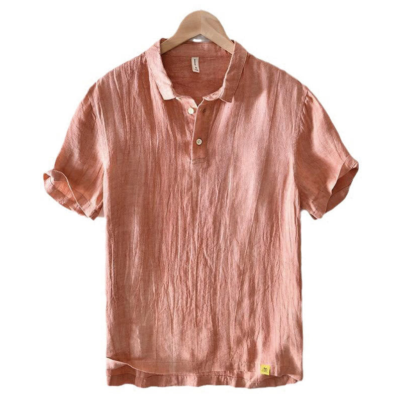 Camisa de lino con solapa de manga corta y medio botón para hombre con diseño simple de Buddha Stones - image 12