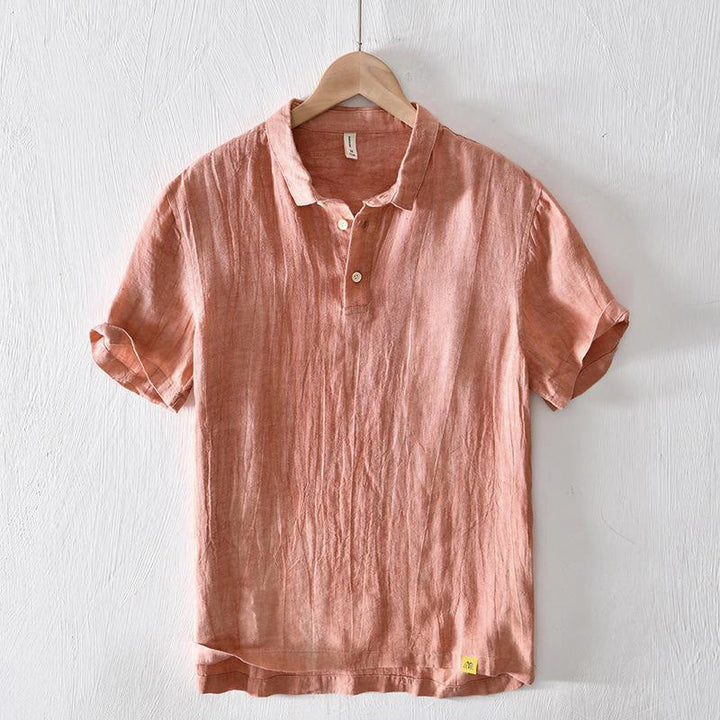 Camisa de lino con solapa de manga corta y medio botón para hombre con diseño simple de Buddha Stones - Coral - US/UK/AU42, EU52 (3XL) - image 11
