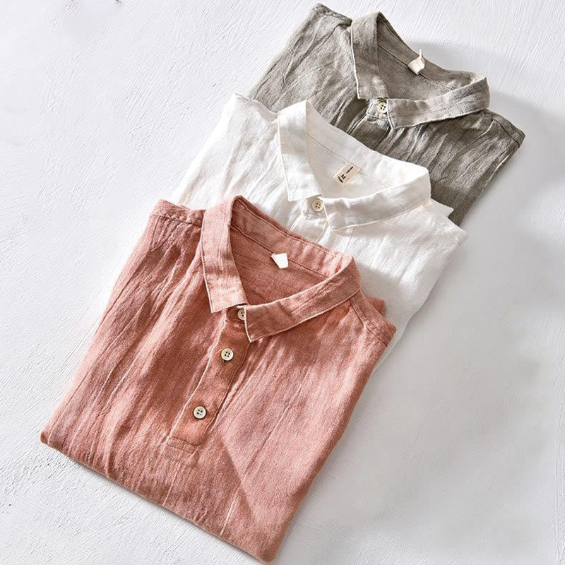 Camisa de lino con solapa de manga corta y medio botón para hombre con diseño simple de Buddha Stones - image 16