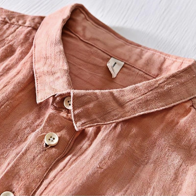 Camisa de lino con solapa de manga corta y medio botón para hombre con diseño simple de Buddha Stones - image 13