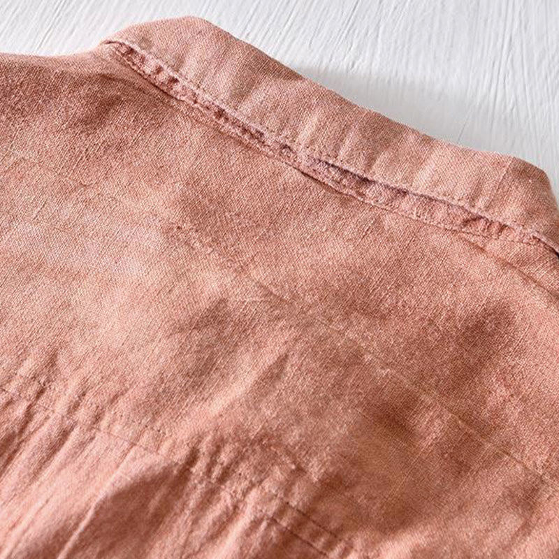 Camisa de lino con solapa de manga corta y medio botón para hombre con diseño simple de Buddha Stones - image 14