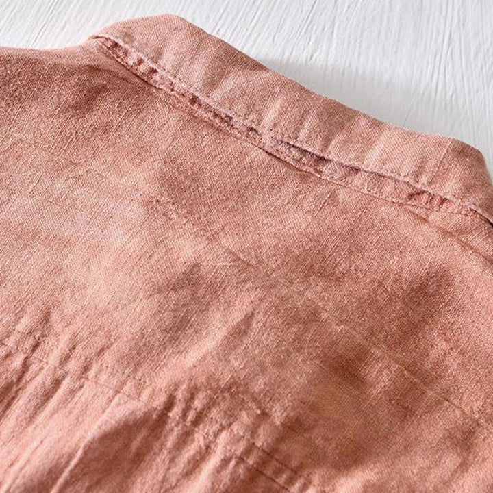 Camisa de lino con solapa de manga corta y medio botón para hombre con diseño simple de Buddha Stones - image 14