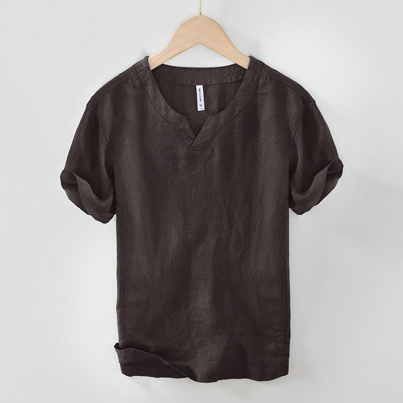 Camisa informal de lino con cuello en V y manga corta para hombre con estampado de Buddha Stones