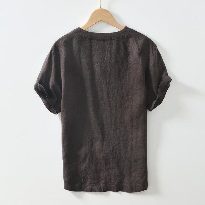 Camisa informal de lino con cuello en V y manga corta para hombre con estampado de Buddha Stones