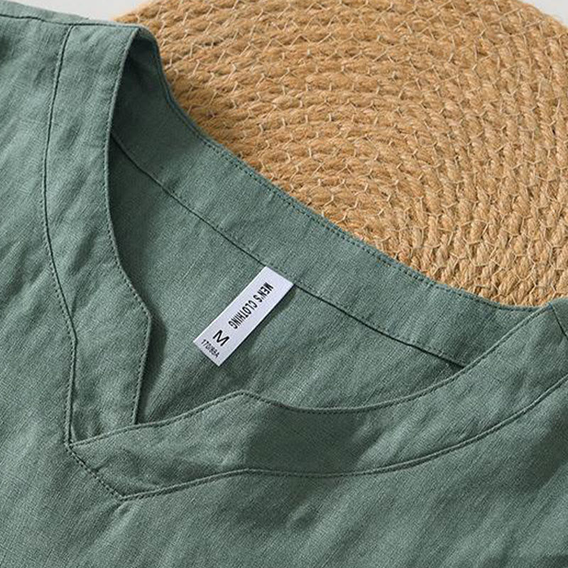 Camisa informal de lino con cuello en V y manga corta para hombre con estampado de Buddha Stones - image 12