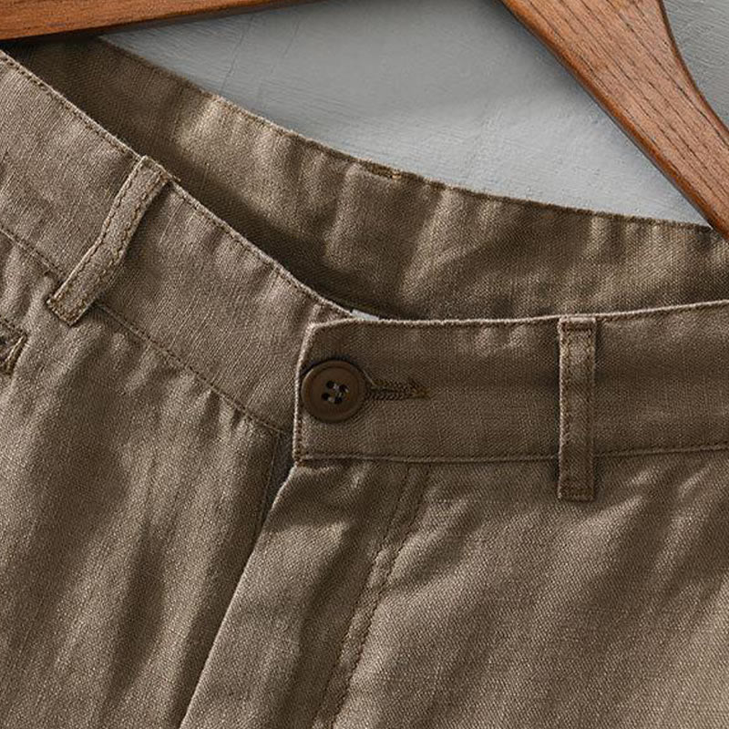 Pantalones cortos de lino con cordón ajustable de color liso con Buddha Stones y bolsillos para hombre - image 1