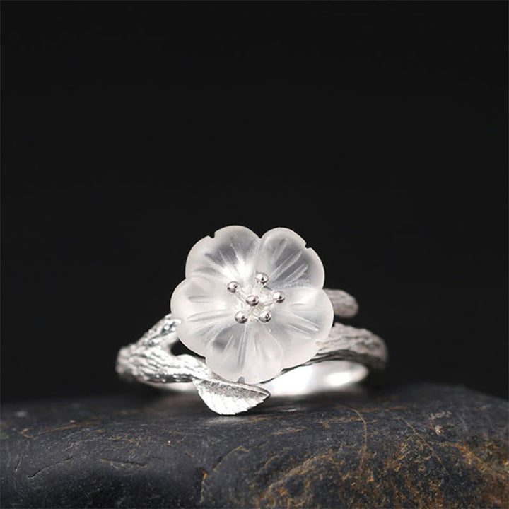 Anillo curativo ajustable con diseño de flor de esqueleto de cristal blanco de plata de ley 925 con Buddha Stones - Estilo plateado (diámetro interior 17,5 mm) - image 0