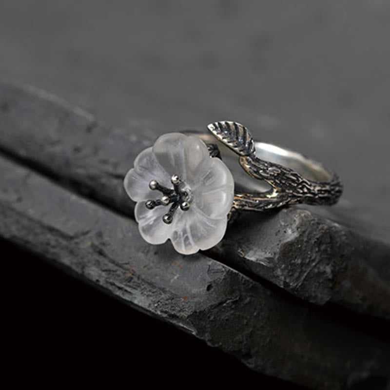 Anillo curativo ajustable con diseño de flor de esqueleto de cristal blanco de plata de ley 925 con Buddha Stones - image 10