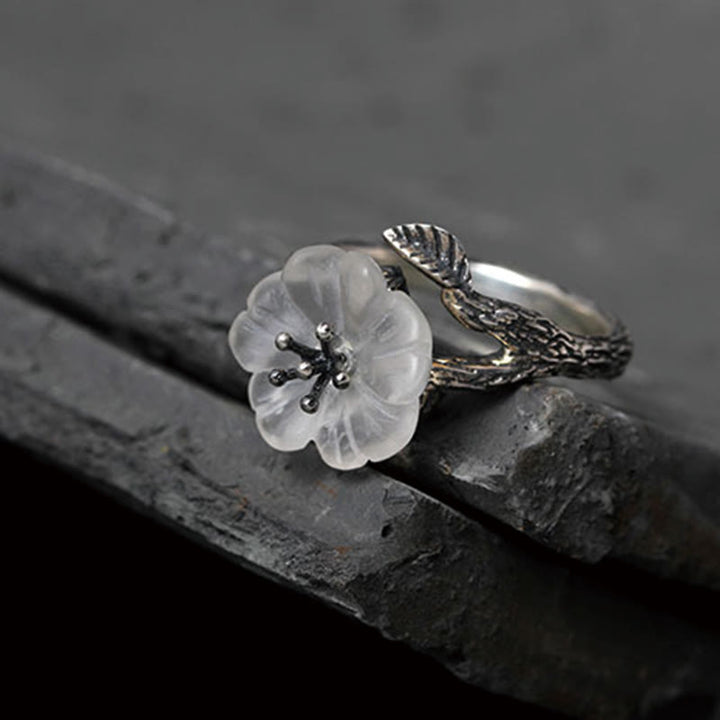 Anillo curativo ajustable con diseño de flor de esqueleto de cristal blanco de plata de ley 925 con Buddha Stones - image 10