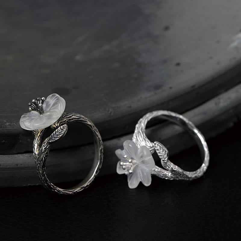 Anillo curativo ajustable con diseño de flor de esqueleto de cristal blanco de plata de ley 925 con Buddha Stones - image 11