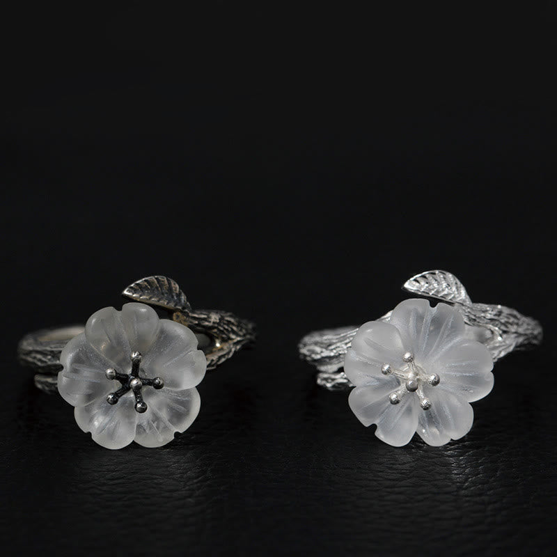 Anillo curativo ajustable con diseño de flor de esqueleto de cristal blanco de plata de ley 925 con Buddha Stones - image 1