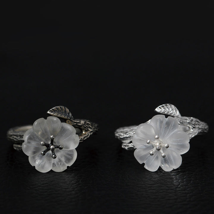 Anillo curativo ajustable con diseño de flor de esqueleto de cristal blanco de plata de ley 925 con Buddha Stones - image 1