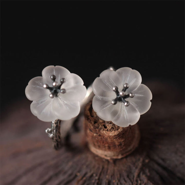 Anillo de protección ajustable con doble flor de ciruelo y cristales blancos de plata de ley 925 de Buddha Stones - image 8