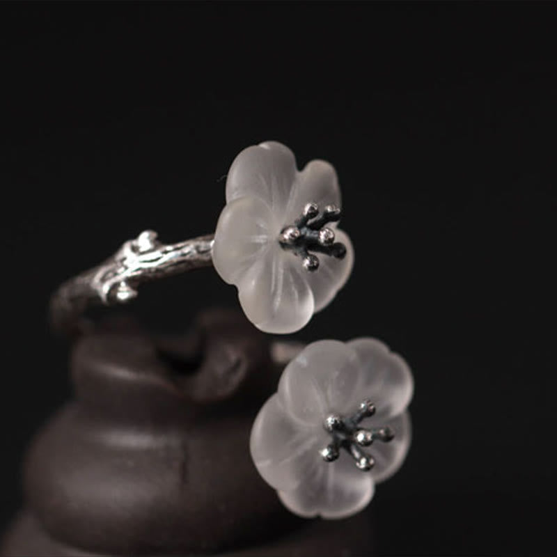 Anillo de protección ajustable con doble flor de ciruelo y cristales blancos de plata de ley 925 de Buddha Stones - image 12