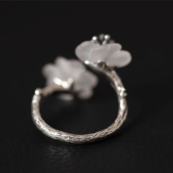 Anillo de protección ajustable con doble flor de ciruelo y cristales blancos de plata de ley 925 de Buddha Stones - image 9