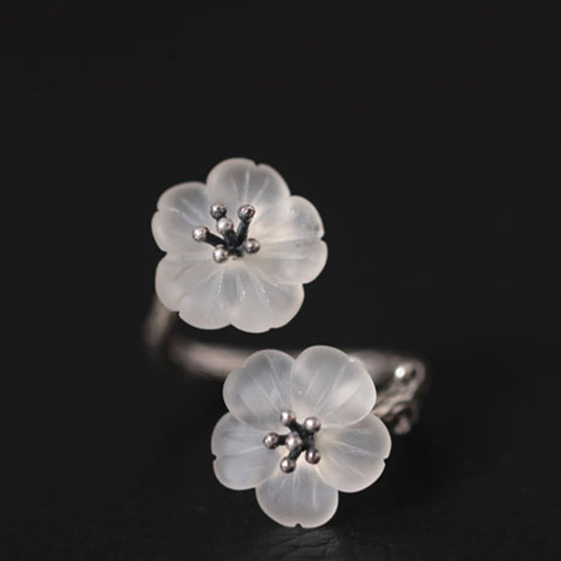 Anillo de protección ajustable con doble flor de ciruelo y cristales blancos de plata de ley 925 de Buddha Stones - image 14
