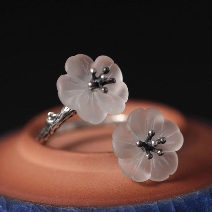 Anillo de protección ajustable con doble flor de ciruelo y cristales blancos de plata de ley 925 de Buddha Stones - image 11