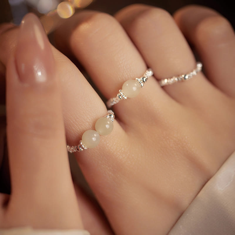 Anillo elástico de la suerte con cuentas pequeñas de jade hetiano natural de plata de ley 925 con Buddha Stones - image 12