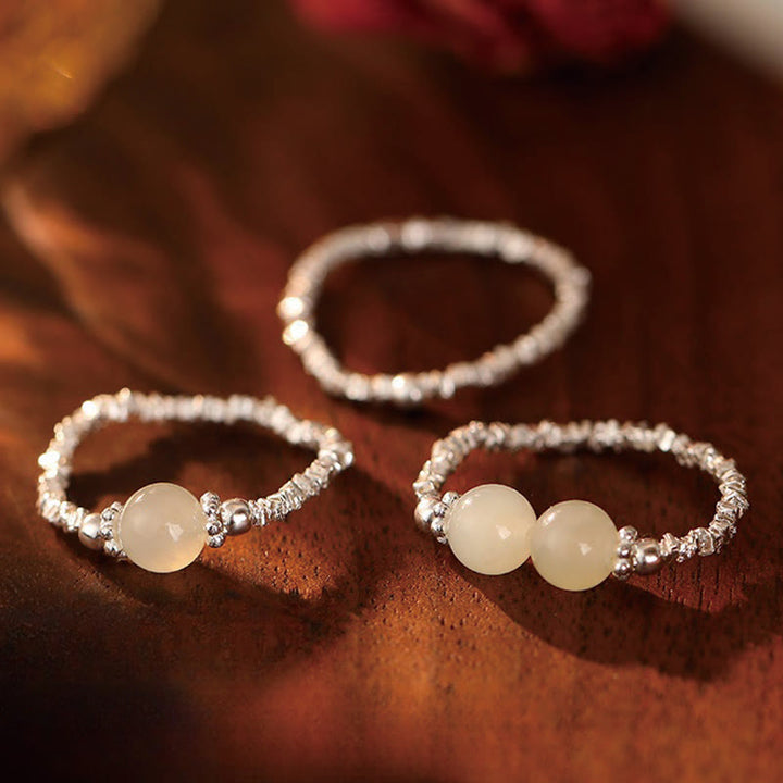Anillo elástico de la suerte con cuentas pequeñas de jade hetiano natural de plata de ley 925 con Buddha Stones - image 1